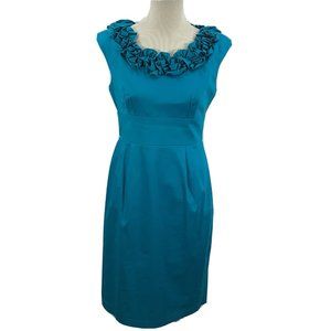 LONDON TIMES Women's Size 8 Dress Turquoise Blue Sheath Knee Length Ruffle Neck